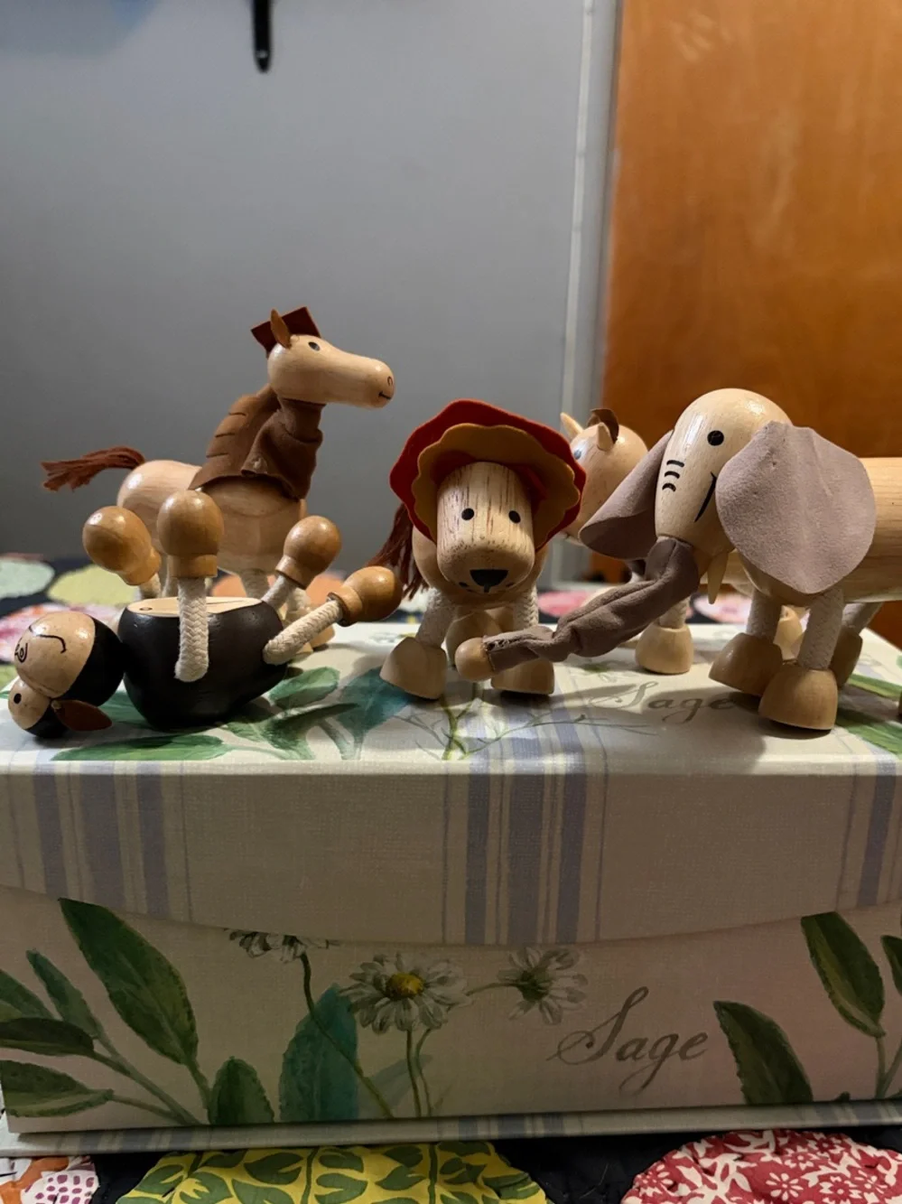 Wooden Animal Toy Set - Natural Wood Lion, Elephant, Horse, and Monkey